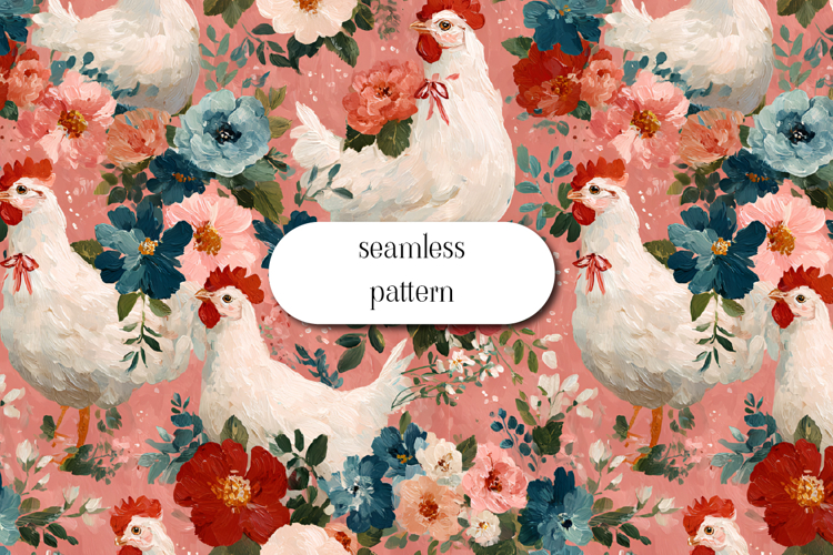 Floral Chicken Seamless Pattern, Cottagecore Farm Art