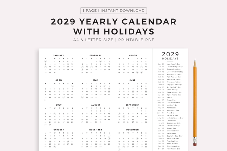 2029 Year Calendar with Holidays, Landscape, Printable