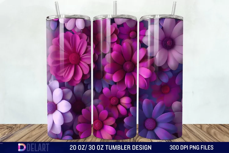 3D Fuchsia and Violet Flowers Tumbler Wrap