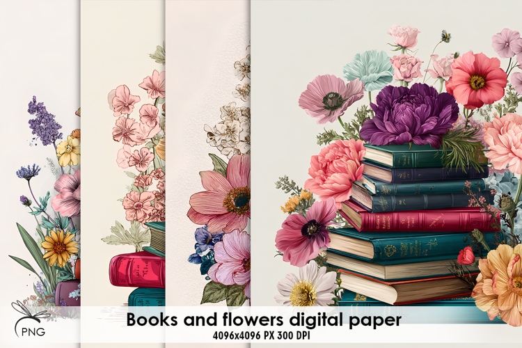 Books and flowers digital paper