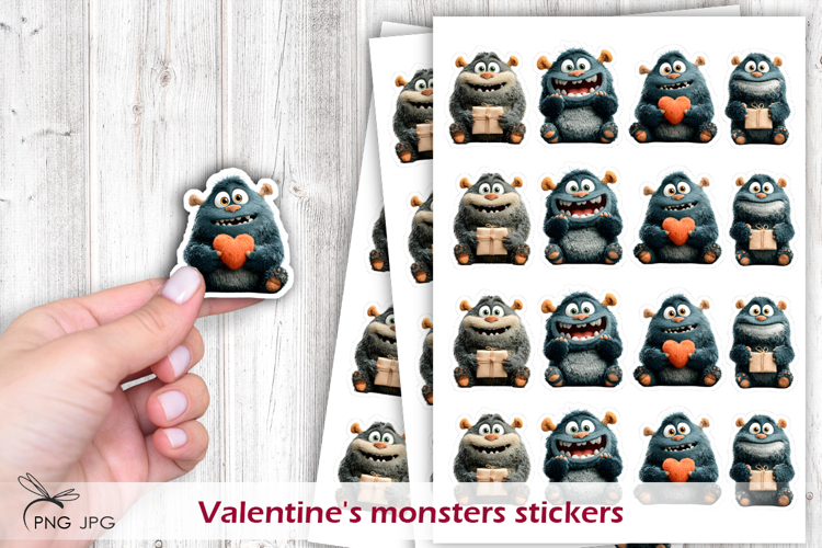 Valentines monsters stickers- 4 Variations