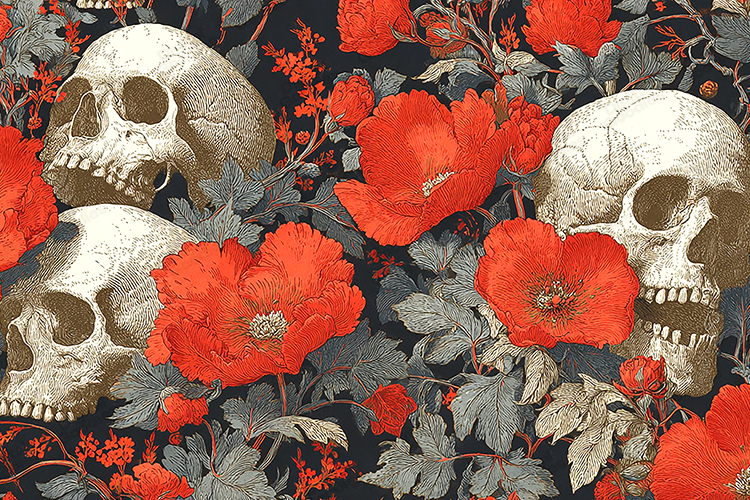 Vintage Skull and Red Floral Pattern Design