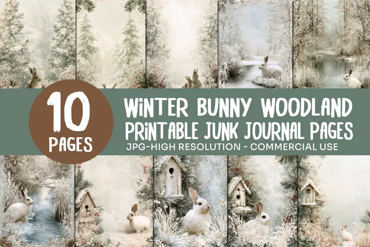 Winter Bunny Woodland Junk Journal Pages