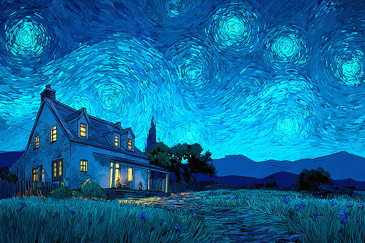 Starry Night Countryside House Illustration