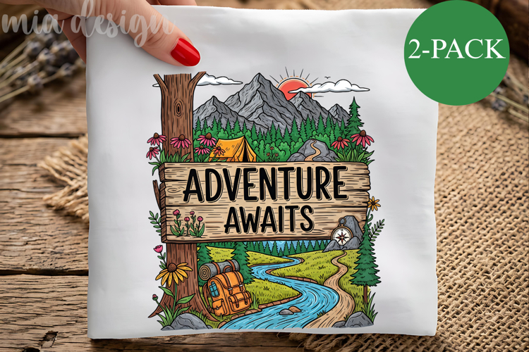 Adventure Awaits PNG, Vintage Mountain Camping Sublimation example image 1