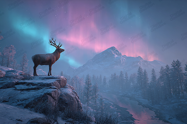 Majestic Deer Under Northern Lights Landscape Art