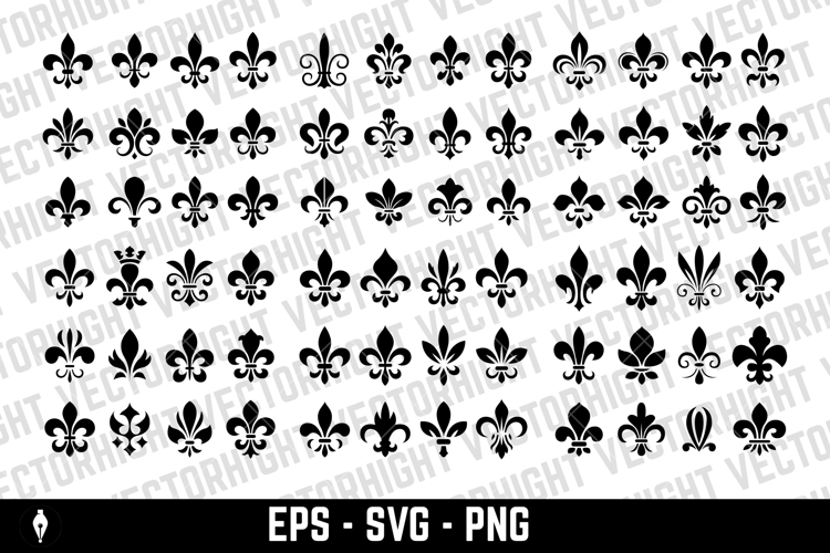 A black and white vector set of twelve fleur-de-lis icons.