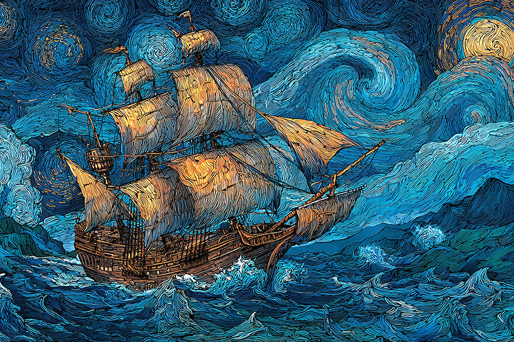 Vintage Ship Sailing in Swirling Starry Night Waves