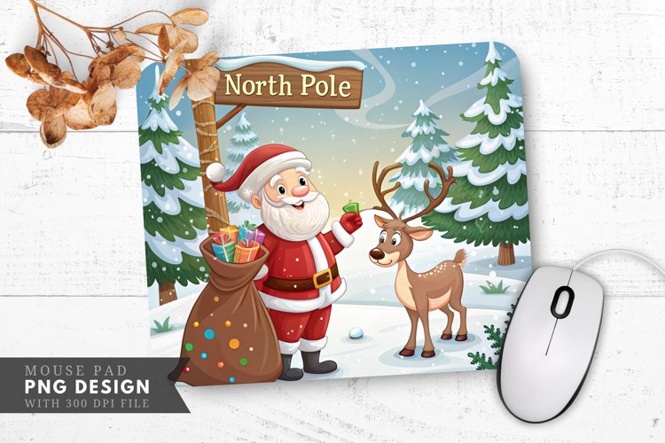 Santa and Reindeer in a Snowy Forest Mouse Pad PNG