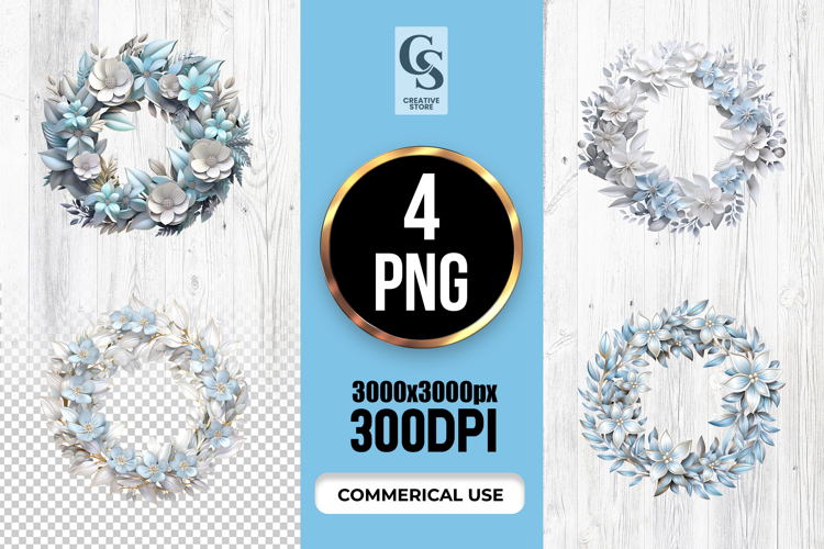Blue White Floral Wreath Clipart Sublimation PNG