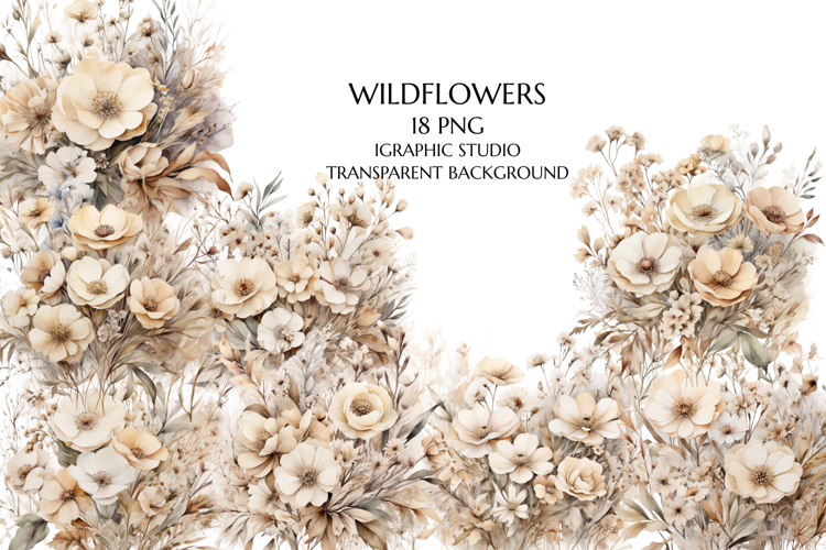 Watercolor Beige Wildflowers Clipart, Bouquet Clipart