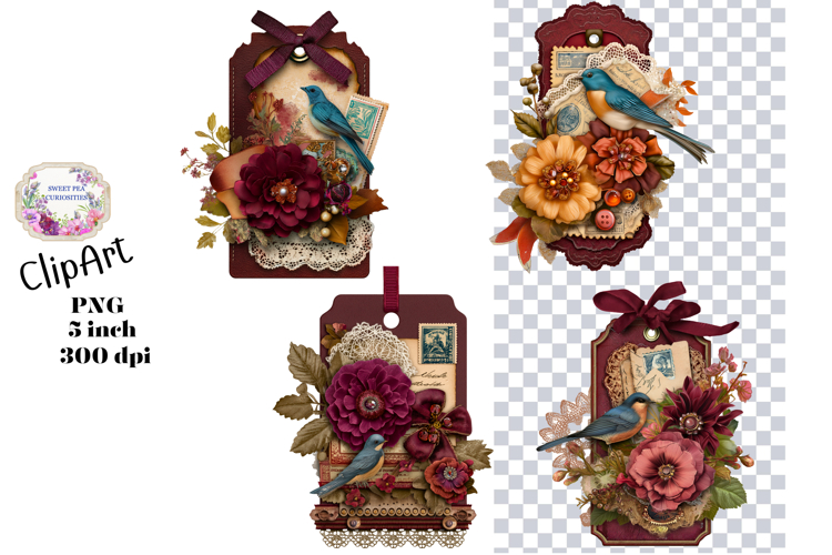 Flowers, Birds, Ephemera, PNG, Junk Journal, clipart