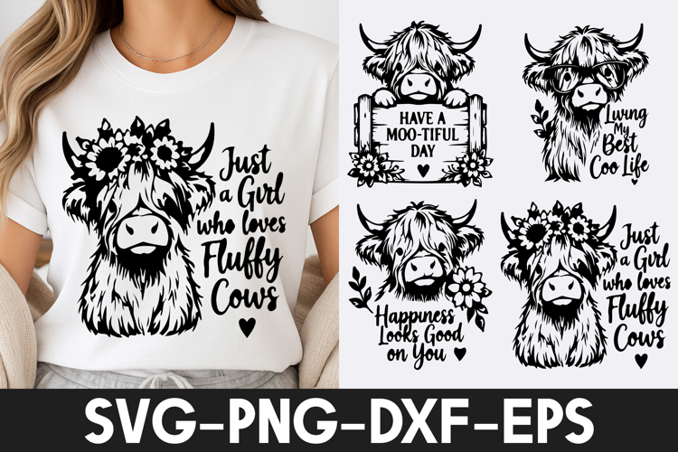 Fluffy Highland Cow Girl Farmhouse SVG PNG