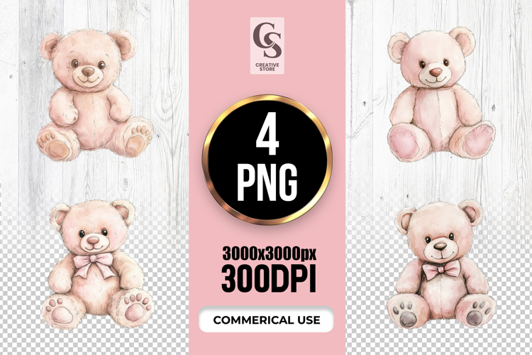 Cute Pink Teddy Bear Watercolor Clipart Sublimation PNG