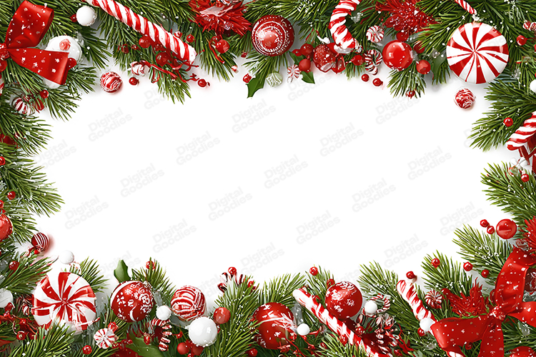 Christmas Candy Cane and Ornaments with Pine Wreath