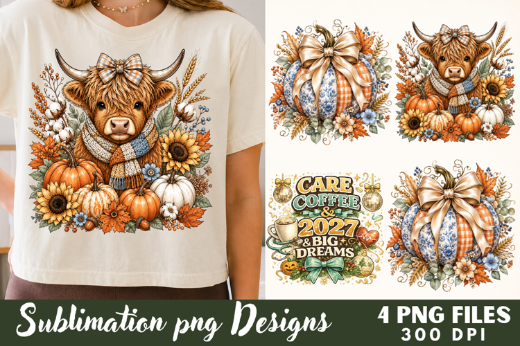 Watercolor Fall Highland Cow & Pumpkin PNG Sublimation file