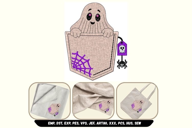 Cute Halloween Ghost Faux Pocket Machine Embroidery Design example image 1