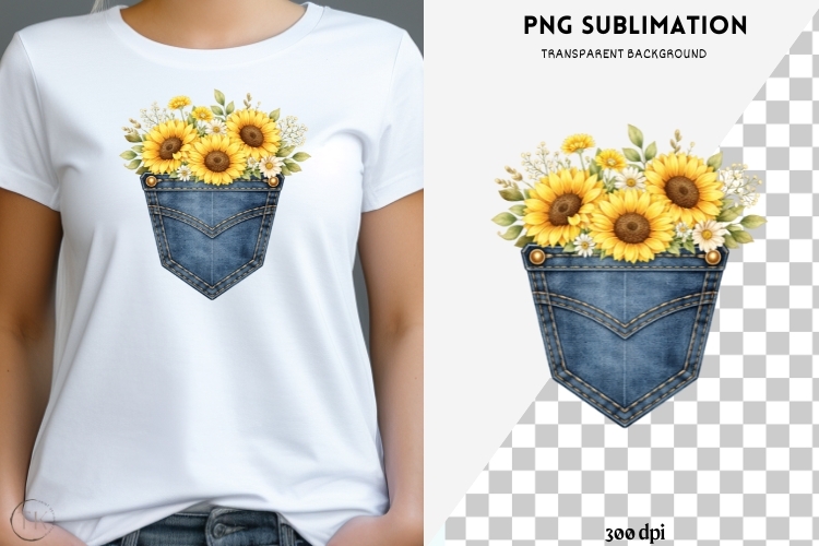 Denim pocket sunflowers png design for T-shirts