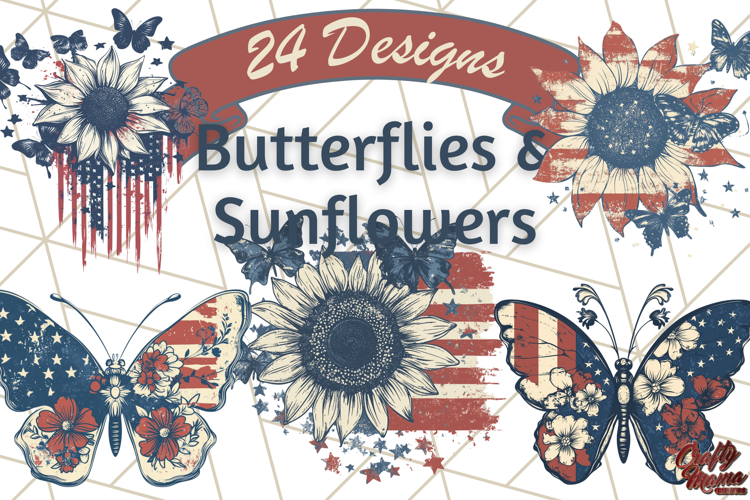 Fourth of July Butterfly and Sunflower PNG Bundle, July 4th example image 1