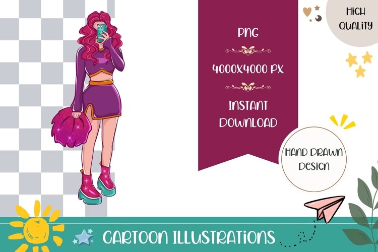 Hand Drawn School Girl Illustration, Cheerleader PNG example image 1