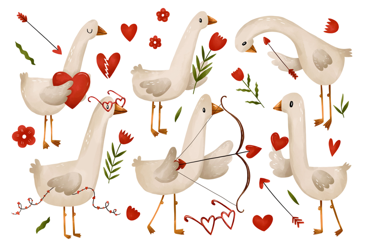Watercolor Valentine Goose Clipart Birds & Cupid