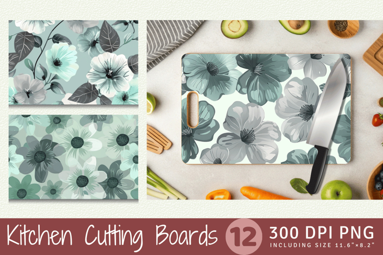Mint & Grey Flowers Cutting Boards sublimation Design