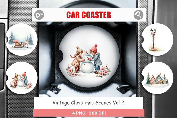 Car Coaster Vintage Christmas Scenes Watercolor