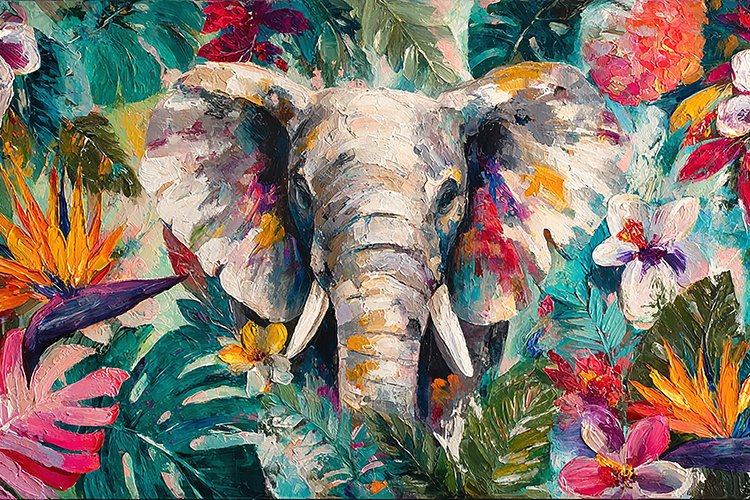 Colorful Elephant Painting with Tropical Floral Artwork