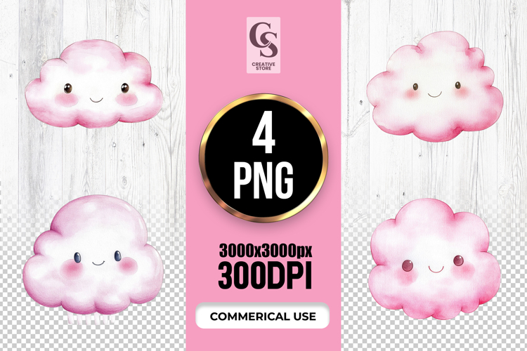 Cute Pink Watercolor Cloud Clipart Sublimation PNG
