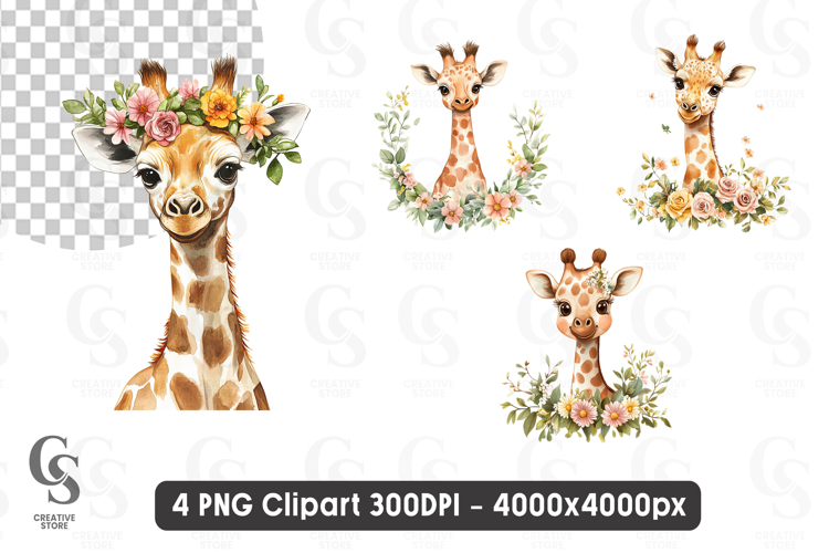 Cute Giraffe with Flower Crown Watercolor Clipart