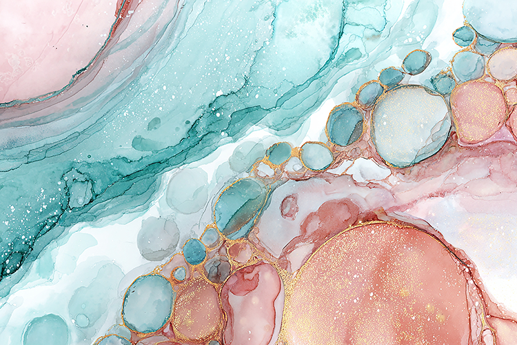 Swirling patterns of pink, blue & gold hues