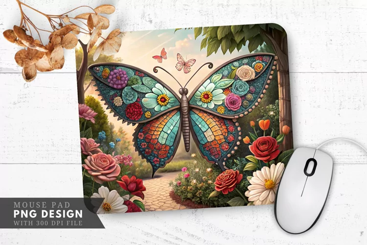 Butterfly Bloom Mosaic Art Mouse Pad PNG Design