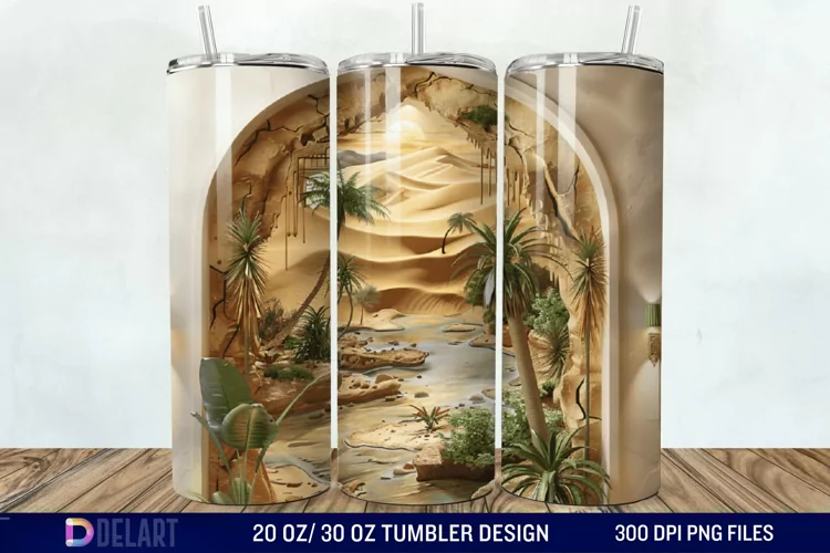 3D Tranquil Desert Oasis Stained Glass Tumbler Wrap