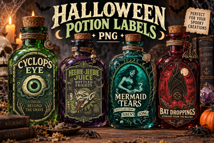 Vintage Halloween Potion Labels PNG, Witch Apothecary