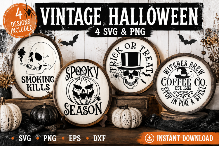 Vintage Halloween SVG PNG, Spooky Skull & Pumpkin Signs