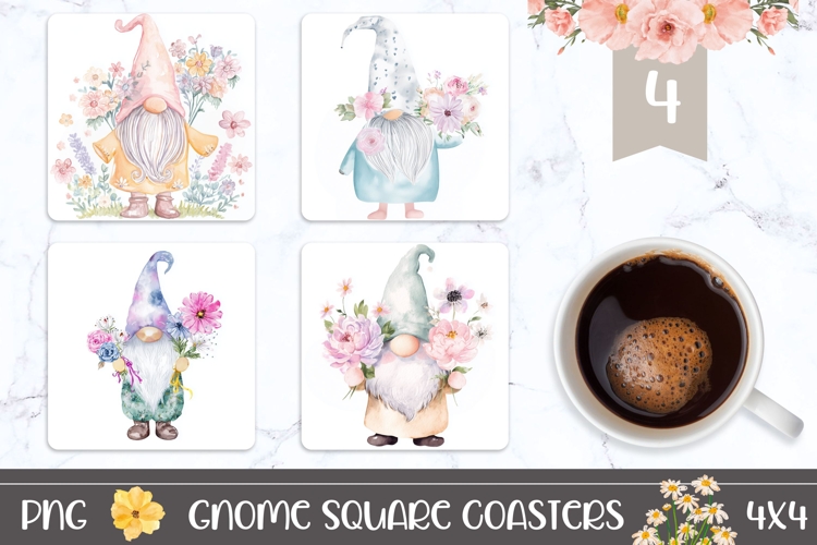 Watercolor Gnome Square Coasters, Floral Square Coaster PNG