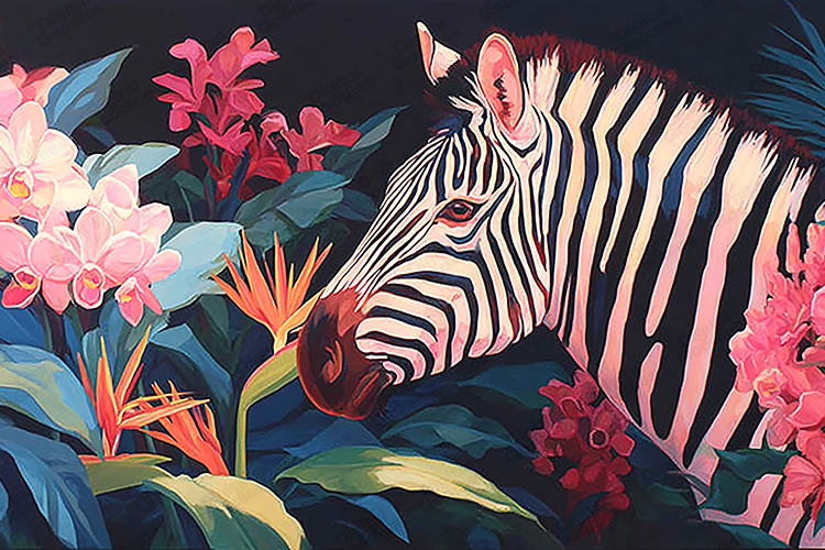 Tropical Zebra Painting with Colorful Floral Background