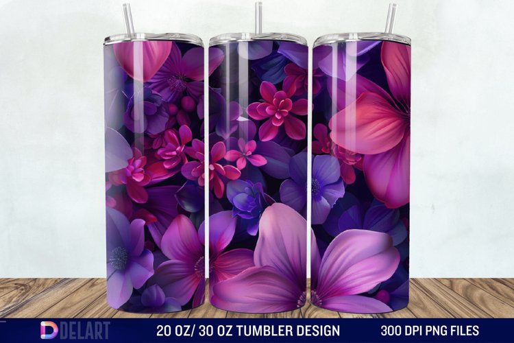 3D Fuchsia and Violet Flowers Tumbler Wrap