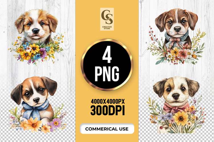 Floral Puppy Watercolor Clipart Sublimation PNG