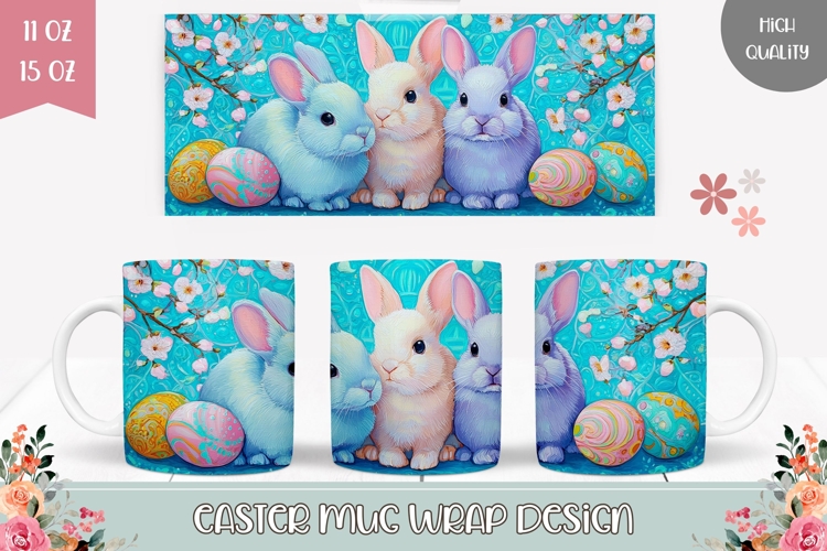 Funny Easter Bunnies Mug Design, Floral Easter Mug Template