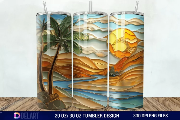 3D Tranquil Desert Oasis Stained Glass Tumbler Wrap