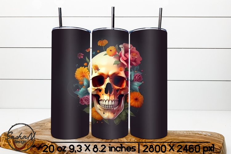 Skull with flowers, 3d tumbler wrap
