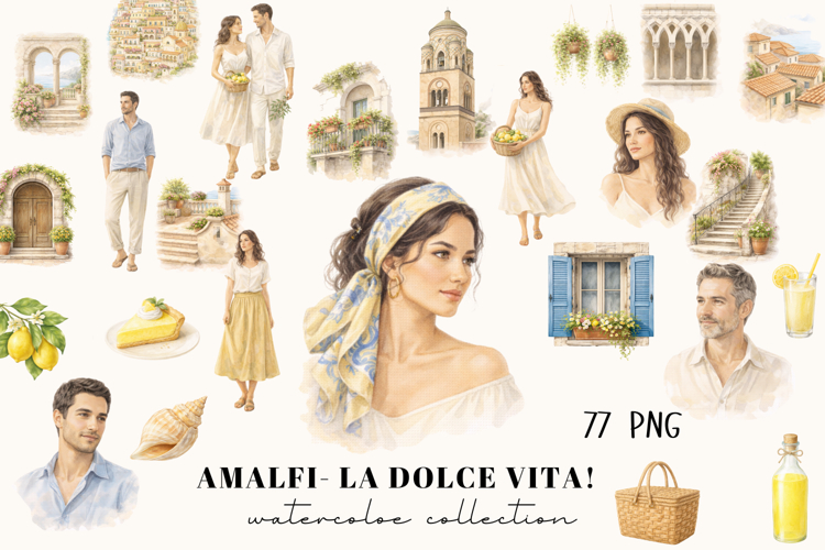 Amalfi Coast Watercolor Clipart, La Dolce Vita, Summer