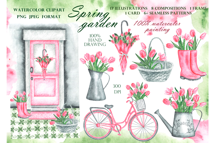 Pink tulips watercolor set. Flowers. Rustic.