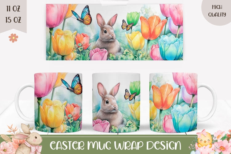Easter Bunny Mug, Watercolor Tulips Mug Template