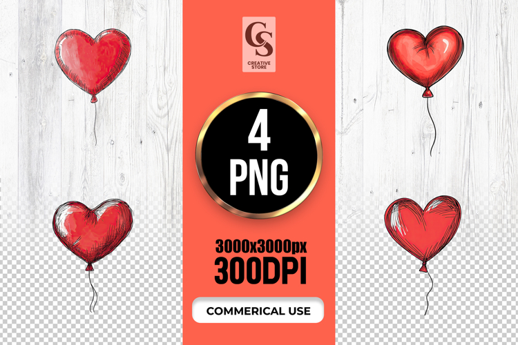 Hand Drawn Red Heart Balloon Clipart Sublimation PNG