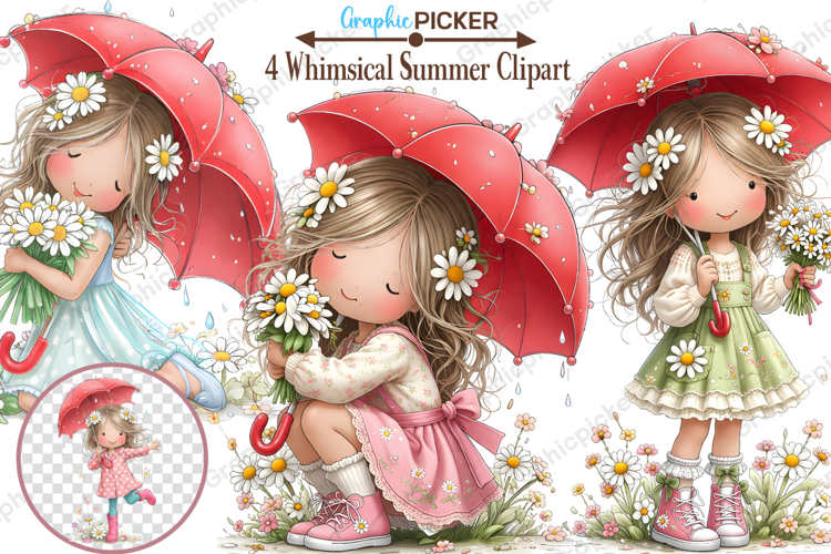 Whimsical Summer Daisy Girl Clipart, Whimsical Summer Girls