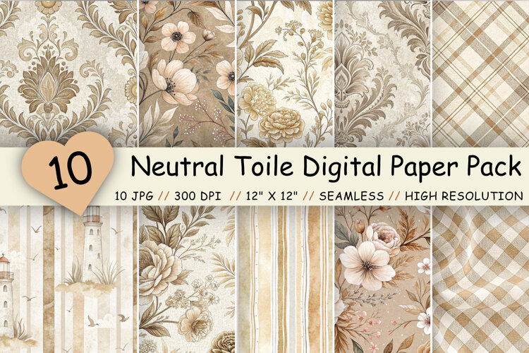Neutral Toile Digital Paper Pack, Vintage Floral Toile