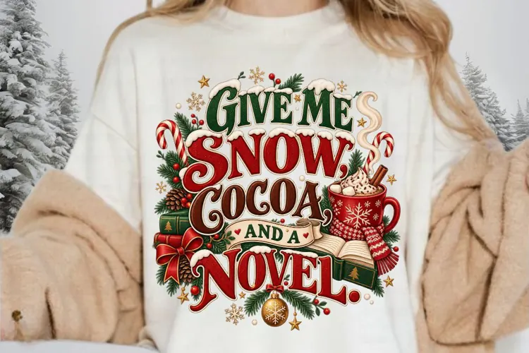 Give Me Snow Cocoa and a Novel PNG,Christmas Hot Cocoa Books