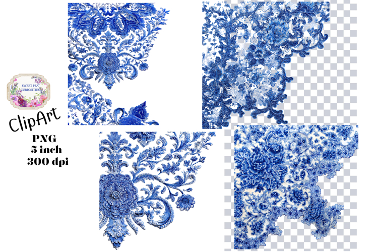 Blue Toile, Ephemera, PNG, Clipart, Junk Journal, flowers